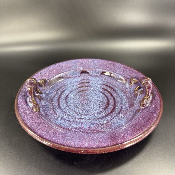 Hand Made Vintage Pottery Dish Tray With Handles Purple Drip Glaze Artist Signed - Picture 15 of 15